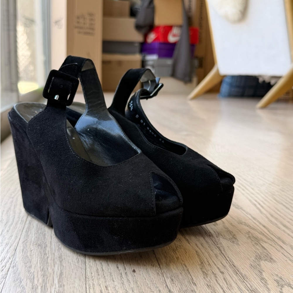 Robert Clergerie Black Suede Platform Peep-Toe Slingback Heels